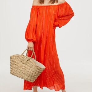 H&M Orange Metallic Stretchy Boho Coastal Nautical Maxi Dress